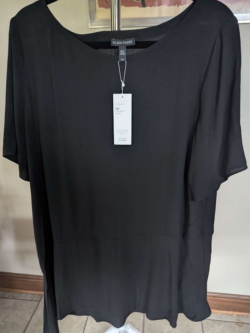 NWT Eileen Fisher Black Silk Georgette Crepe Bateau Neck Top Size L $130
